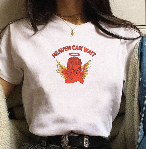 little devil Print Harajuku T shirt Women 2019 O-neck Short sleeve o collar Tshirt White Tops Clothing cool girl aesthetic dress