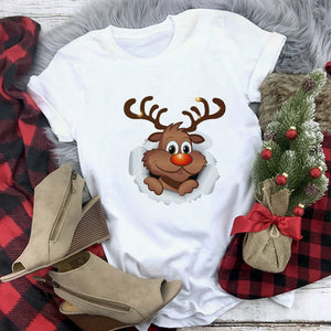 New kawaii reindeer t shirt women fashion Christmas Harajuku Short Sleeve t-shirt White Suitable all seasons Tshirt Tops clothes