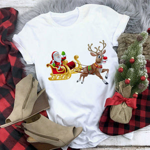 New kawaii reindeer t shirt women fashion Christmas Harajuku Short Sleeve t-shirt White Suitable all seasons Tshirt Tops clothes