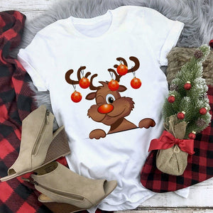 New kawaii reindeer t shirt women fashion Christmas Harajuku Short Sleeve t-shirt White Suitable all seasons Tshirt Tops clothes