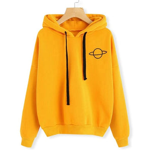 2019 Autumn Women Hoodies Casual Planet Print Solid Color Loose Drawstring Sweatshirt Fashion Long Sleeve Hooded Female Tops