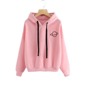 2019 Autumn Women Hoodies Casual Planet Print Solid Color Loose Drawstring Sweatshirt Fashion Long Sleeve Hooded Female Tops