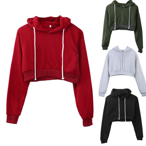 New Women Plain Hoodies Crop Top Solid Color Long Sleeve Ladies Hooded Pullover Summer Autumn Fashion Girl Sweatshirts Clothing